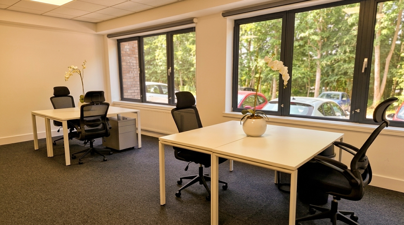Small office with two white desks and black ergonomic chairs, a potted orchid on the near desk, and large windows overlooking trees and parked cars.