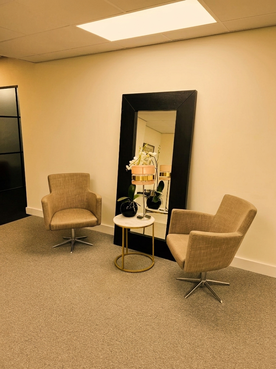 Waiting area with two beige swivel chairs around a small round marble table and a large black-framed wall mirror behind them, plants and a decorative lamp on the table.
